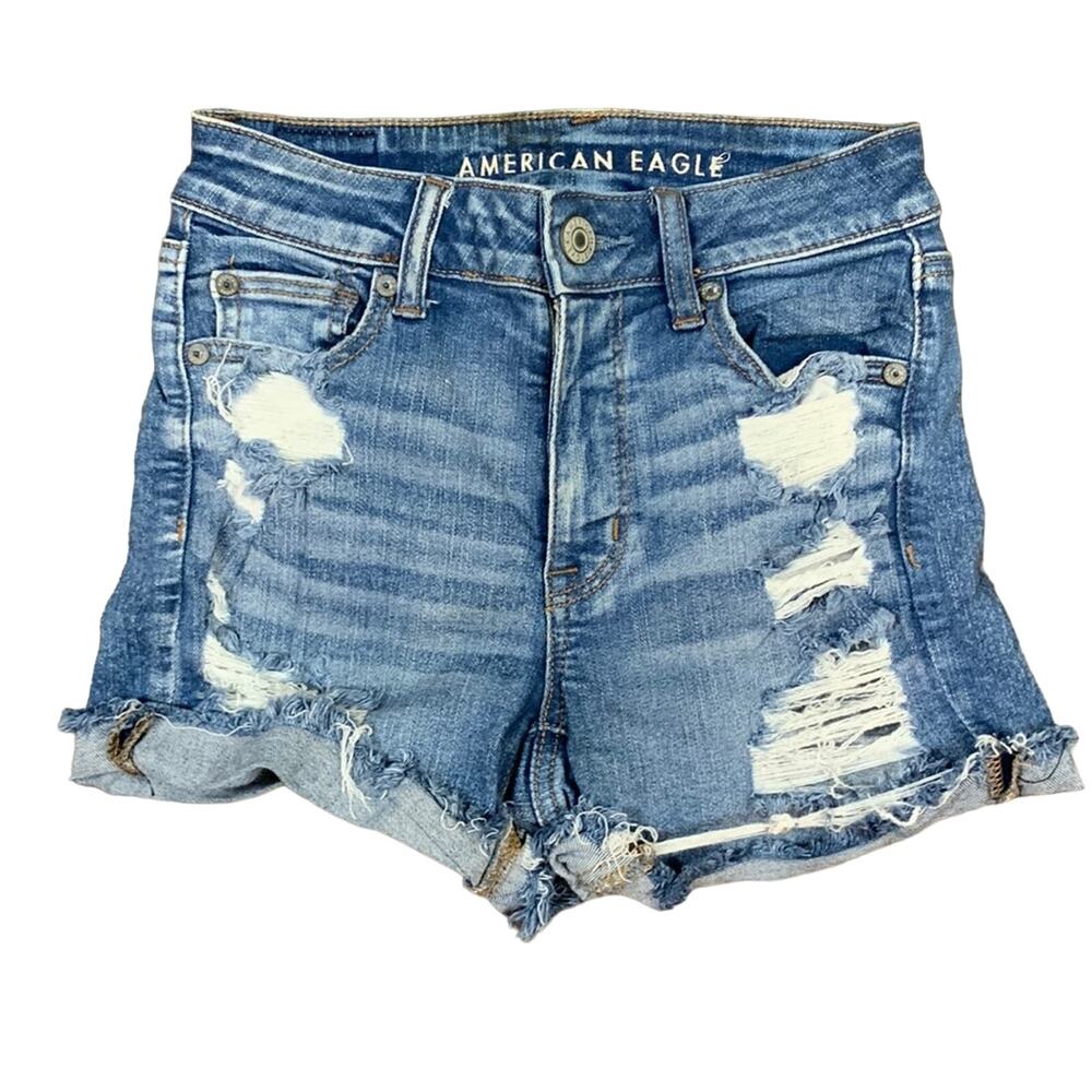 American Eagle Next Level Stretch Hi-Rise Shortie Distressed Jean Shorts